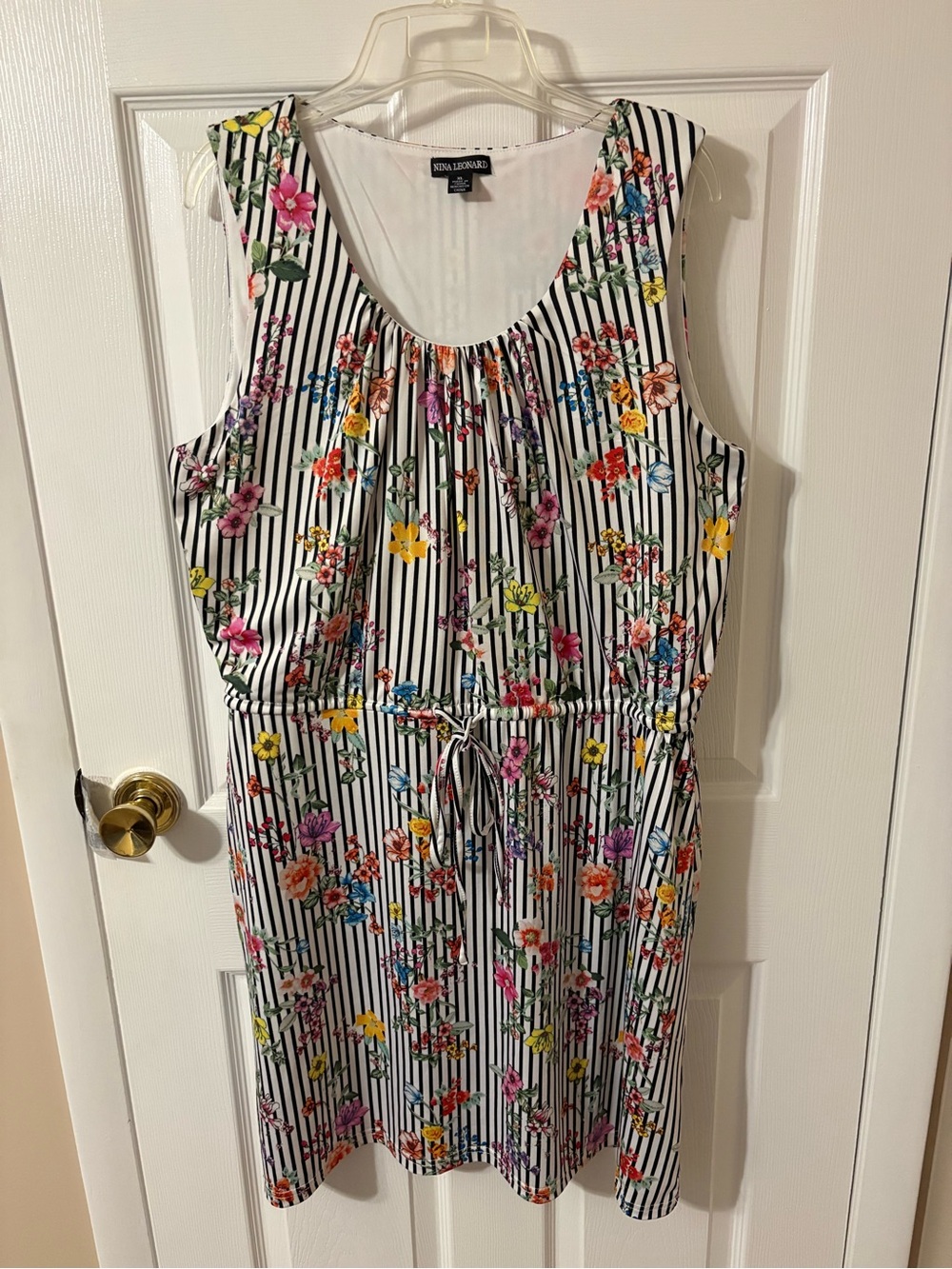 Nina Leonard White Striped Floral Sleeveless Mini Dress